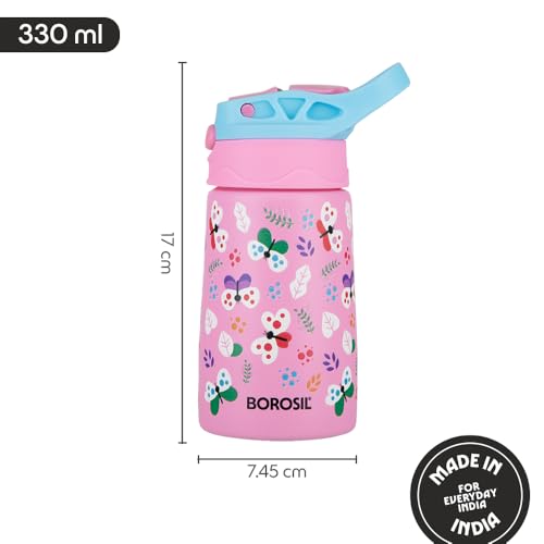 Image of Borosil 330ml Butterfly Kids Stainless Steel Bottle | ISI Certified Made in India | 8 Hrs Hot & Cold Double Wall Vacuum Insulated Flask | Push & Straw Lid | Powder Coated Finish | 1 Year Warranty