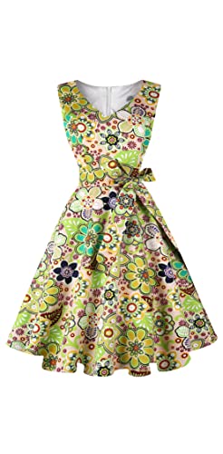 Dressever Women's 50s 60s Vintage Sleeveless Cocktail Party Dress with Pockets Sprout Green Flower S