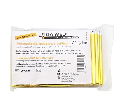 Tiga-Med Rettungsdecke 100 Stück – Thermodecke Gold/Silber 210 × 160 cm – Notfalldecke einzeln verpackt – Großpack für Klinik, Rettungsdienst & Veranstaltungen