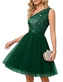 BeryLove Formal One Shoulder Homecoming Sequin Dresses for Teens Women's Sparkly Short Prom Cocktail Party Tulle Glitter Dress 2025 DarkGreen M