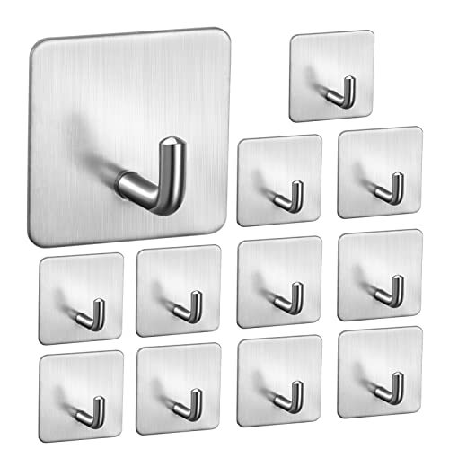 MoonSing Ganchos para Baño Cocina, 12 Piezas Ganchos Adhesivos para Pared Acero Inoxidable, Colgador Toalla, sin Taladro, Impermeable para Trapos Ropa Albornoz, Plata