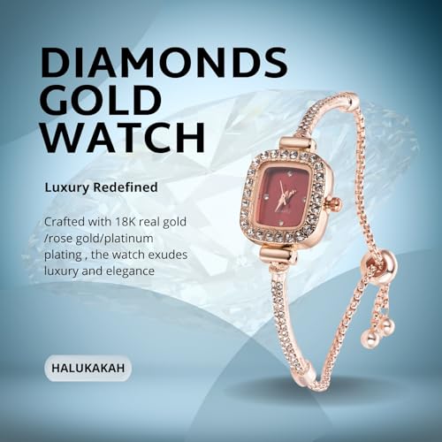 Image of Halukakah Kids' Sparkling Diamond Watch - 18k Real Gold /Rose Gold /Platinum Plated - Multiple Colors Rectangle Dial - Quartz Adjustable Stainless Steel Wristwatch - Suitable for Boys and Girls