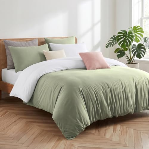 Soifox Double Duvet Set Sage Green and White 3 Piece Microfiber Reversible Double Bedding Bed Sets Soft and Non Iron Quilt Duvet Cover Set with 2 Pillowcases 50x75cm