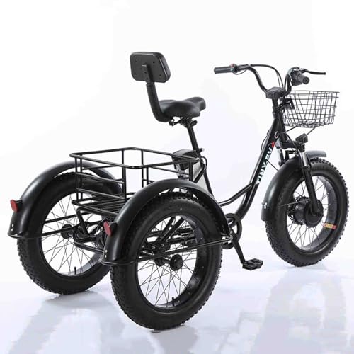 LTdlhFk Triciclo De 20'' para Adultos (3 Velocidades), Triciclos Todoterreno Fat Tire + Cesta De La Compra (20''X9''X12'') + BateríA ExtraíBle De 48V/12Ah, Bicicletas para Adultos De 3 Ruedas