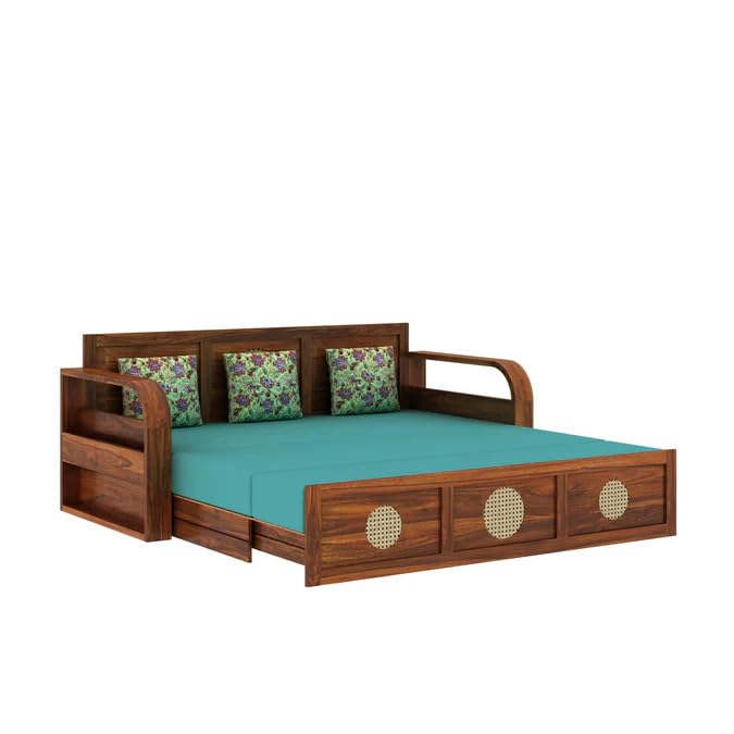 Image of Ganpati Arts Solid Sheesham Wood Cosmos 3 Seater Sofa Cum Bed with Headboard Design for Living Room Wooden Furniture Sofa Bed for Home - Natural Finish 3 Year Warranty