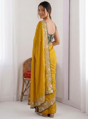 Image of ORHANS Women's Chiffon Saree with Unstitched Blouse Piece Heavy Embroidery Work | Beautiful Saree for Women | Traditional Indian Sari Stylish | Fashionable Saree Modern Design