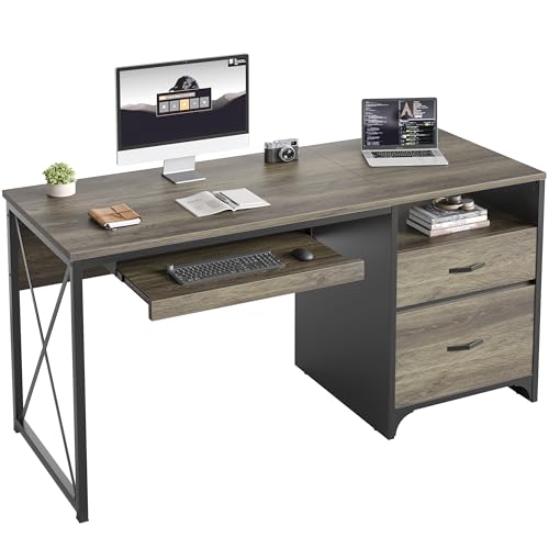 Bestier Office Desk with Drawers, 55 inch Industrial Computer Desk with Storage, Wood Teacher Desk with Keyboard Tray & File Drawer for Home Office, Dark Gray Oak