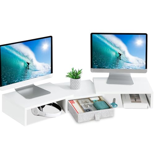 TEAMIX White Dual Monitor Stand Riser with Drawer - Length and Angle Adjustable Double Corner Desk Shelf Organizer 37 inch Long for 2 Laptop/PC/Screen/TV