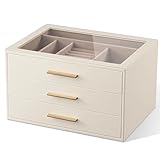 pickpiff Jewelry Box Organizer Case for Women: 3-Layer Jewelry Storage Case with Glass Window, Ivory Leather with Pink Velvet, Holder for Ring Necklace Bracelet Brooch Watch, Great Gift for Her