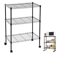 Karl home 3-Tier Wire Wheel Shelving Unit, Adjustable Shelves and Universal Caster Feet, 60 x 35 x 85 cm Black, Suitable for Bedroom, Kitchen, Living Room, Bathroom