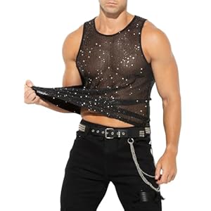 Casey Kevin Heren Tanktop met pailletten Transparant Glanzende T-shirts Herenonderhemd Shirts mouwloos vest