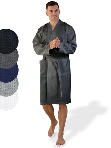SIEGENTHAL® Herren Bademantel Waffelpique 100% Baumwolle mit Schalkragen Leicht Morgenmantel - Anthrazit Dunkelgrau M - L