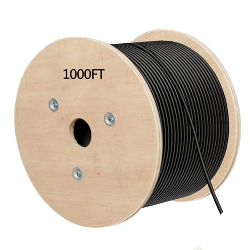 Image of Cat6 Bulk Ethernet Cable 1000ft, 23AWG Solid CCA, Waterproof PE Jacket, Rigid Durable Outdoor, Heavy Duty Wooden Reel for Large Projects, Direct Burial & Conduit Runs - Black