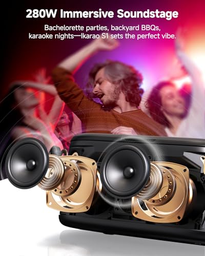 Image of Ikarao Karaoke Machine for Adults, with Lyrics Display, Karaoke System for YouTube, 280W Speaker, Autotune & EQ, Connect to TV, Portable PA System with 2 Wireless Microphones for Home Outdoor Party