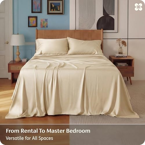 Image of Bedsure Full Size Bed Sheets, Cooling Sheets, Rayon Derived from Bamboo, PureWoven, Breathable & Soft, Deep Pocket Up to 16 Inches, Hotel Luxury Silky Bedding for Hot Sleepers, Light Beige