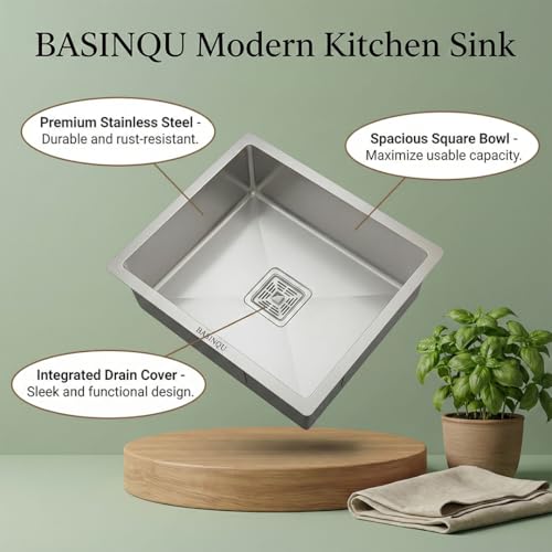 Image of BASINQU Kitchen Sink 24x18x10 Inch Handmade Single Bowl Sink 304 Grade Stainless Steel Sink for Kitchen Basin with Tap Hole Brushed Matte Finish Coupling Fruit Tray Hose Pipe