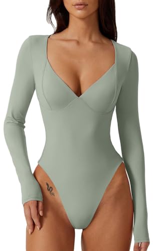 Image of QINSEN Women's Long Sleeve Bodysuit V Neck Body Suits Seamed Cup Going Out Tops Shirt