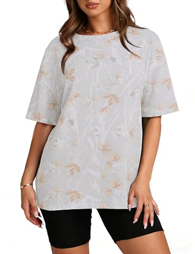 Image of Womens Camo Shirt Oversized Maple Leaf Short Sleeve T Shirts Tops | Loose Fit,White Camo T-Shirt,Crew Neck,Half Sleeve,Everyday Outfits,Gym,Workout,Home,Work,Hiking,2026 Basic Tee