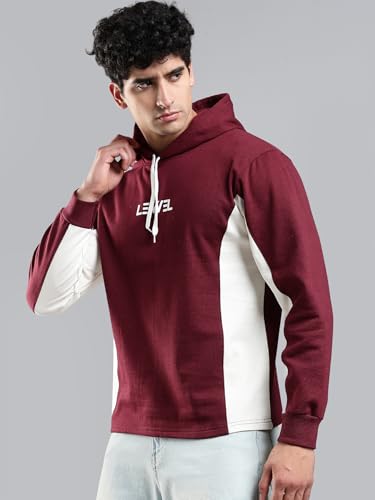 Image of LEWEL Men's Stylish Hooded Colorblock Cotton Fleece Sweatshirt (Maroon, Off White)