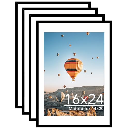 JCJMY 16x24 Picture Frame with Mat for Poster Photo and 40x60 cm Canvas, Display 14x20 with Mat or 16 x 24 without, Wood 16 by 24 Wall Gallery Poster Photo Frame, 4 Pack, Black