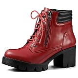 Allegra K Women's Round Toe Chunky Heels Lace Up Zipper Red Combat Boots 7 M US