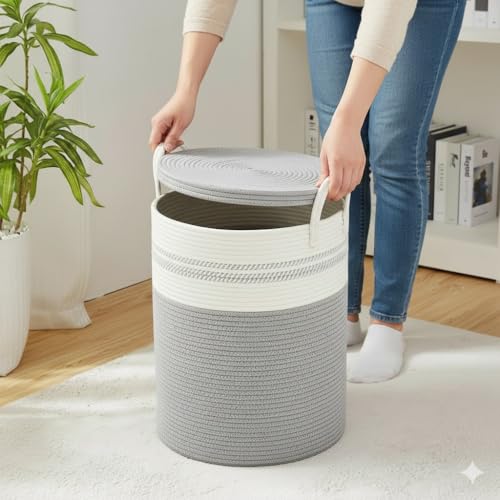 Image of Basket with Lid, 15 inch x 20 inch Woven Storage Basket for Blankets, Toys, Pillows, Towels, Living Room Bedroom Storage Bin, Round Rope Basket with Lid, Wicker Baskets for Organizing (BG3)