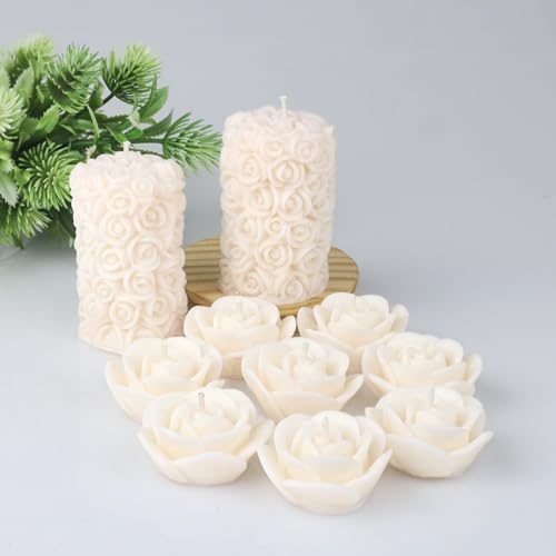 Image of Wax Scented Candles For Home Decor, Coconut Vanilla Fragrance, Pillar And Floating Candles Combo, White Colour, Pack Of 10, 4 X 7 Cm