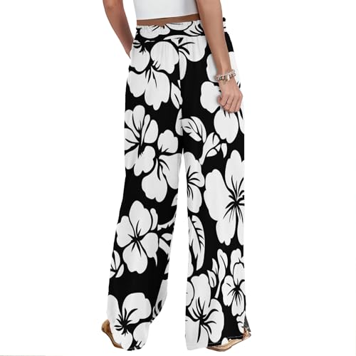 Womens Wide Leg Palazzo Pants Hawaiian Floral Flowy High Waist Casual Travel Trousers2