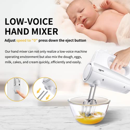 Hand Mixer Electric, Jewjio 10 Speed Kitchen Handheld Electric Mixer With Scale Cup Storage Case, 450W Peak Power Compact Mixer + Turbo Boost + Eject Button + 5 Stainless Steel Beaters For Easy Whipping, Baking, Cake, 2X5 Speed, 250W, Max Speed 1200R/Min, White #TOP2
