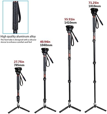 Video Monopod, Cayer FP34 71 inch Aluminum Telescopic Camera Monopod with Fluid Head and 3-Leg Tripod Base for DSLR Video Cameras Camcorders, Supporting up to 13.2lbs