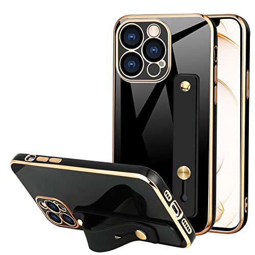 Teaught Case For Iphone 14 Pro Max Soft Tpu Black Plating With Adjustable Wristband Kickstand Slim Thin Cover Anti-Scratch Shockproof Protective Case For Women Girls Men #TOP8