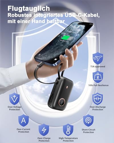 PowerBank Klein Aber Stark mit USB-C Kabel, Mini Power bank 10000mAh 22.5W Schnellladefunktion, Externe Handyakkus USB C Input&Output Akkupack für iPhone 16/15 Serie, Samsung, Google, Android und mehr