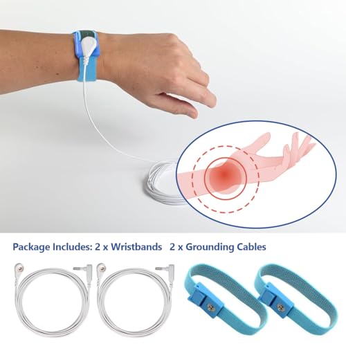 Image of Grounding Wristband & Cable - ESD Wrist Strap Kits Compatible with TENS EMS Units, Wrist Circumference 7 inch, 15 Feet Length Cable (White)