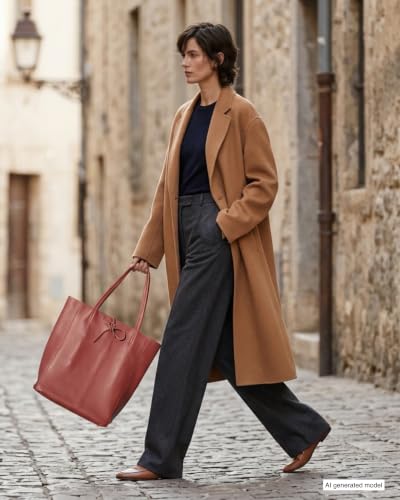 Image of Genuine Italian Leather Tote Bag for Women, Large Slouchy Purse, Terracotta | Unstructured bag, raw unlined interior with zip pocket, top zipper, side ties, folds flat, fits a 16-inch laptop, lightweight