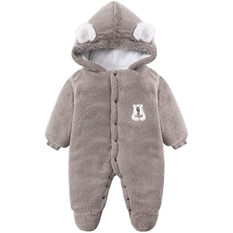 HenzWorld Baby Boys Hooded Romper Newborn Jumpsuit Winter Warm Cotton Fleece Snowsuit Outfit Onesie Khaki 9-12 Months Cover