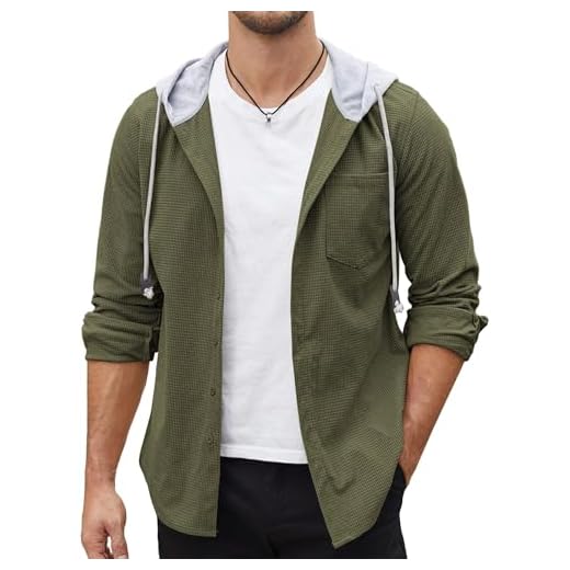 COOFANDY Jaqueta masculina de veludo cotelê, manga comprida, abotoada, casual, elegante, com capuz e bolso, Verde militar, GG