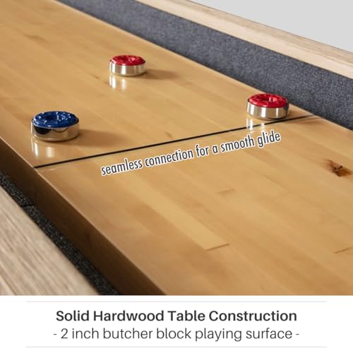 12 FT Solid Wood Shuffleboard Table, Comes in 2 6\' Pieces Goes Around Stairs & Hallways, Multi Game Includes Bowling Pin Set & More