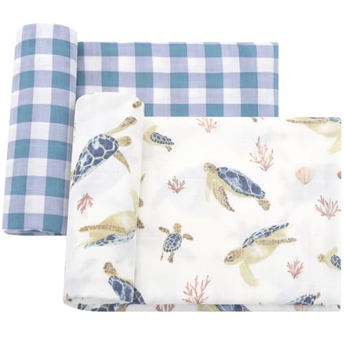 LifeTree Baby Swaddle Blankets, Boys Girls Muslin Swaddling Wrap Receiving Blanket for Newborn, 70% Viscose from Bamboo and 30% Cotton, Large 47" x 47", Sea Turtle and Blue Checkered