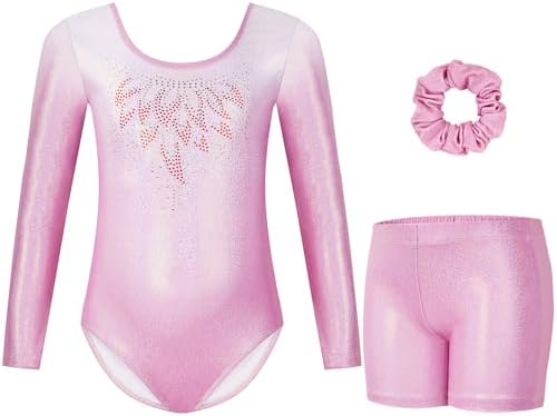 Gogokids Turnpakjes voor meisjes, lange mouwen, sprankelende strass dans, eenheden, biketards met shorts voor 3-12 jaar, 3-4T