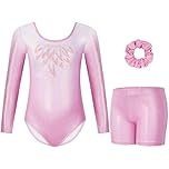 Gogokids Girls' Three-Piece Gymnastics Leotards, Long Sleeve Leotard Set with Shorts and Hairband, Sparkling Ballet Dancing Unitards - Gymnastics Outfit with Gradient Color Design for 3-4 Years