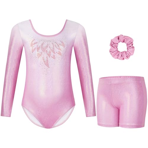 Gogokids Camisola de ginástica de três peças, de manga comprida, com calções e fita para o cabelo, para balé, com cores degradadas, para meninas de 3 a 12 anos, A-rosa