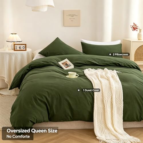 Image of ECOCOTT 3 Pieces Duvet Cover Set Oversized Queen Size 100% Washed Cotton 1 Duvet Cover with Zipper and 2 Pillowcases, Ultra Soft and Breathable Cozy Simple Style Bedding (98''x98'')