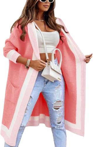 Image of utcoco Women's Oversized Hooded Cardigan Sweaters Color Block Open Front Long Sweater Coat Outwear with Pockets