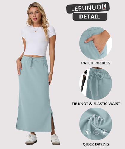 Image of Lepunuo Women's High Waisted Sweat Maxi Skirt with Pockets Slit | Ultra Soft Sweat Fabric, High Waist Drawstring, Deep Phone Pockets, Side Slit for Movement, Ideal for Lounge Travel