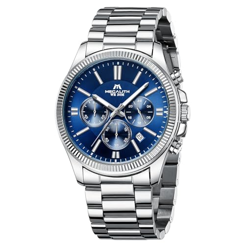 MEGALITH Silver Mens Wrist Watches: Waterproof Stainless Steel Dress Watch - Luxury Chronograph Watches for Men - Husband Father on Anniversary Birthday