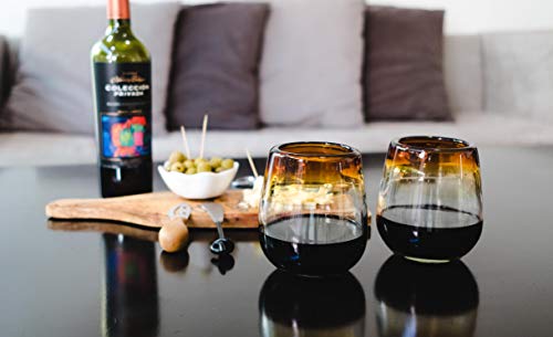 Fiesta Brands Stemless Wine Glass Set - Elegant Hand-Blown Stemless Wine Glasses 2-Pack for Red and White Wine - Vintage No Stem Wine Cups with Beautiful Amber Rim - Great Gift for Wine Lovers