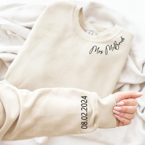 Custom Mrs. Embroidered Sweatshirt, Personalized Embroidered Sweatshirt, Date On Sleeve, Name On Neckline, Wife Shirt, Future Mrs Hoodie, Engagement Gift, Bride To Be2