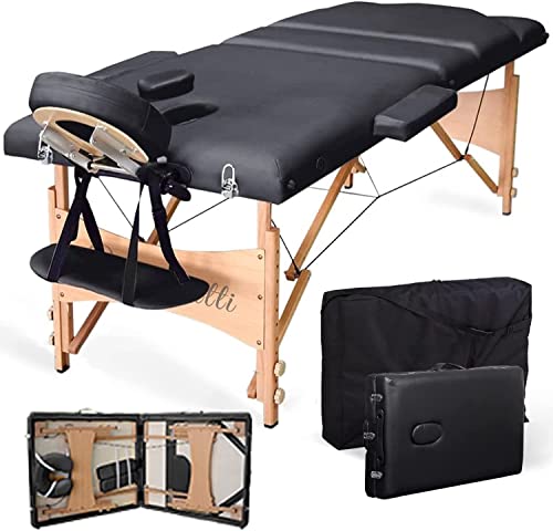 Vesgantti Table de Massage Pliante Bois 3 Sections Lit de Massage Professionnel lit Cosmétique Esthetique Hauteur Réglable 215 x 60 cm - Noir