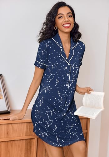 Image of Ekouaer Women's Nightgown Button Down Nightshirt V Neck Sleepshirt Short Sleeve Sleepwear Soft Pajama Dress