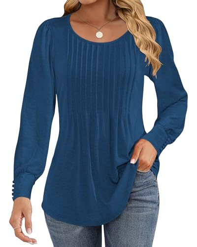 Cuptacc Long Sleeve Tops Women Pleated Crew Neck Blouse Oversized Tunic Puff Sleeve With Button Supersoft Ladies Tops For Women Uk Blue L UK 14